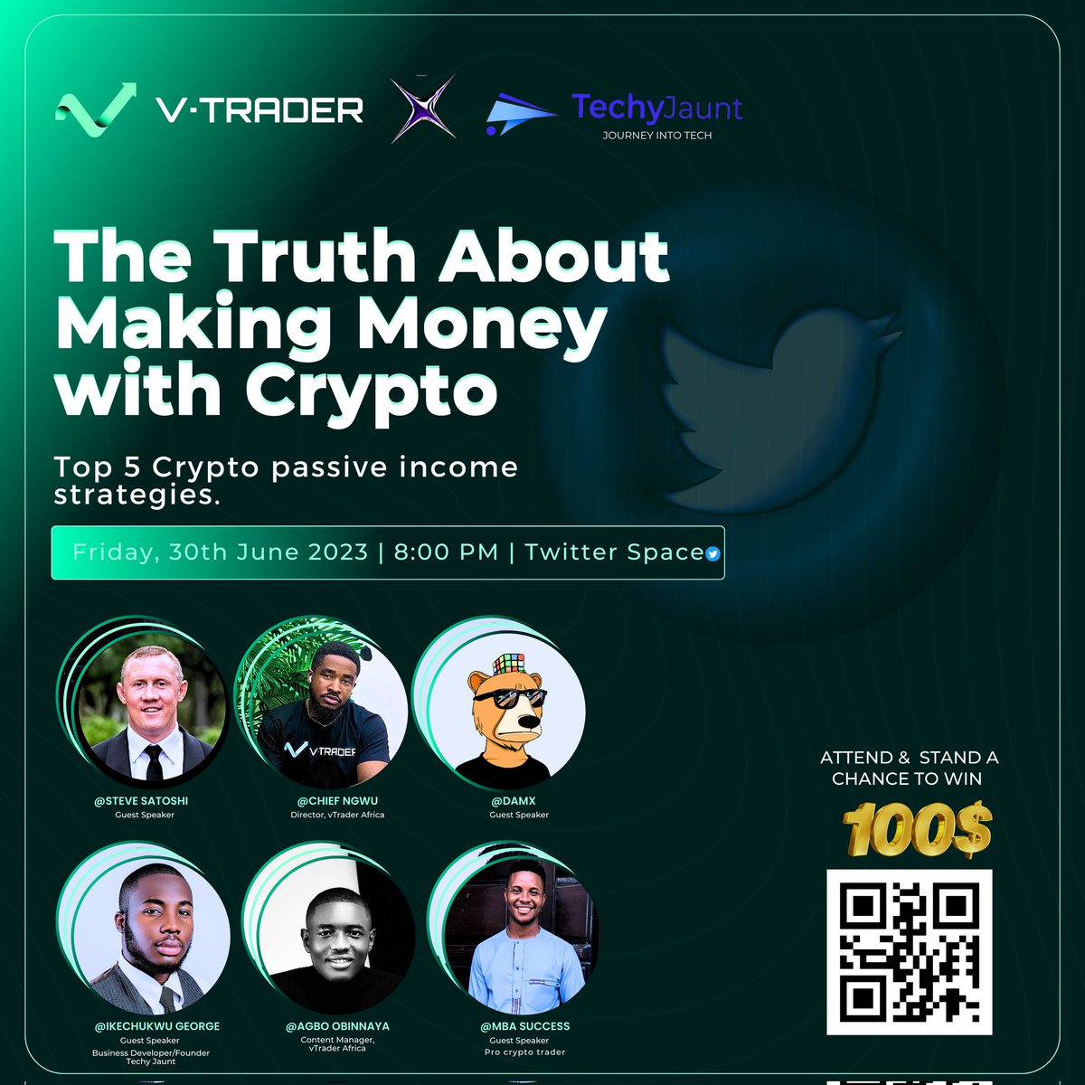 Don't miss out tonight on our upcoming twitter space by 8pm. Follow @vTraderAfrica & @vTrader_io to tune in!!!

We're also giving out $100 to our lucky listeners!

#cryptomarket 
#bitcoin    
#BitcoinCash 
#BullMarket