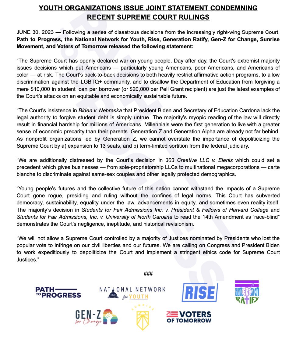 Path to Progress (@pathtoprog) on Twitter photo The Supreme Court is launching a series of all-out attacks on youth. We must depoliticize the Court in order to advance equity and justice.
Read our full statement with <a href="/nn4youth/">NN4Youth</a>, <a href="/RiseFreeOrg/">Rise</a>, @genratify, <a href="/genzforchange/">Gen-Z for Change</a>, <a href="/sunrisemvmt/">Sunrise Movement 🌅</a>, and <a href="/VotersTomorrow/">Voters of Tomorrow</a>. The Supreme Court is launching a series of all-out attacks on youth. We must depoliticize the Court in order to advance equity and justice.
Read our full statement with <a href="/nn4youth/">NN4Youth</a>, <a href="/RiseFreeOrg/">Rise</a>, @genratify, <a href="/genzforchange/">Gen-Z for Change</a>, <a href="/sunrisemvmt/">Sunrise Movement 🌅</a>, and <a href="/VotersTomorrow/">Voters of Tomorrow</a>.