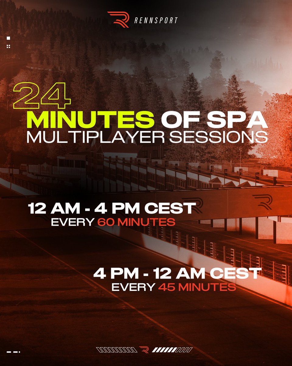 Eat, Sleep, Sim Race, Repeat - all day long this Saturday! Let's go for a ride on the Ardennes Rollercoaster in our Closed Beta! 🎢🇧🇪

We have got a special opportunity for you in place. 24 hours full of 24 minute multiplayer races on <a href="/circuitspa/">Spa-Francorchamps</a> paying tribute to the legendary