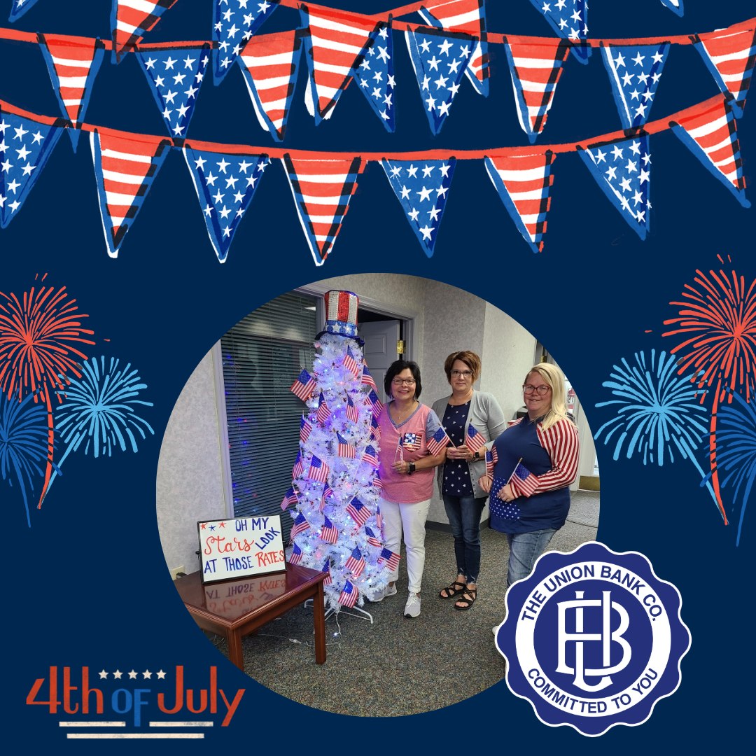 TheUnionBankCo's tweet photo. 📷 Our Kalida Branch is seeing stars and stripes today as they show off their patriotic spirit. Pictured are team members- Keri Carder, Darlene Prowant, and Deb Schnipke. Stop by the branch to say hello and admire their 4th of July theme décor.📷
#CommunityConnections https://t.co/GB7kd3mthe