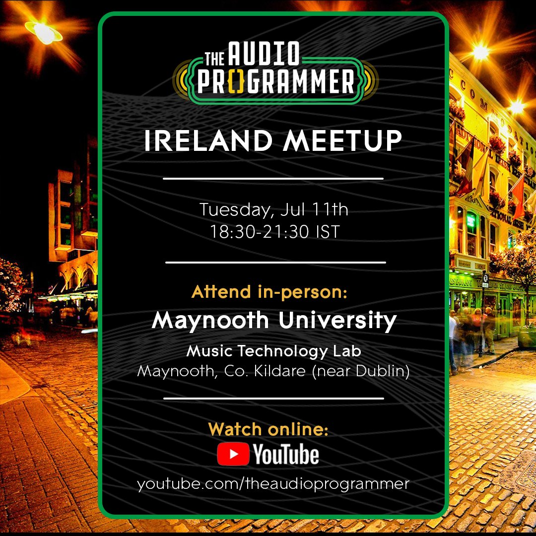audioprogrammer's tweet image. The Audio Programmer is heading to Ireland! 🇮🇪 ☘
If you're near Dublin, we hope you can join us in person on July 11th for our next monthly meetup!
We will also be live streaming via our YouTube channel.
The meetup will feature...
- Modeling the Korg Prologue VCF
- Getting…