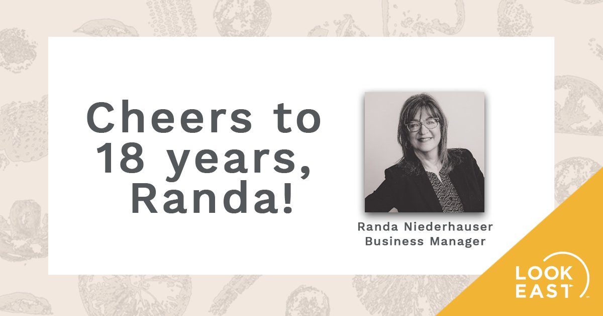 Time flies when you are having fun! Randa Niederhauser is celebrating 18 years at Look East today. Randa keeps us organized and our finances in order, and she’s got a knack for staying calm under pressure. We'd be lost without her! Cheers to you, Randa! >> lookeast.com/team/