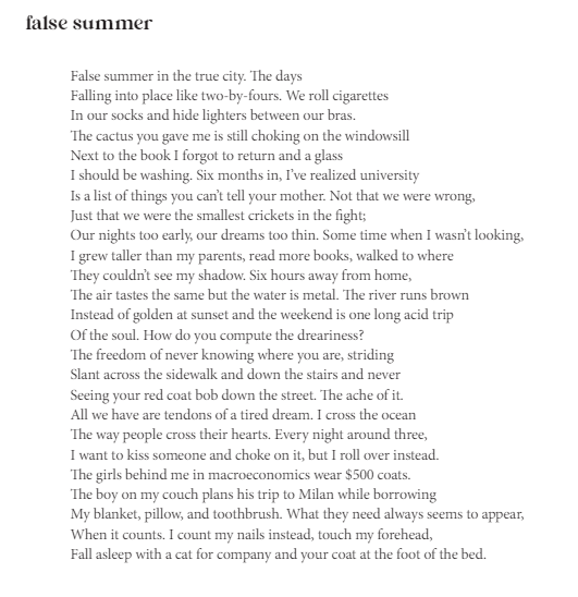 junelinwrites's tweet photo. long overdue but one of my poems, "false summer", was featured in the cherry moon anthology from @gasherpress last month! i wrote this piece in first year about how it felt to be 18 in an unseasonably warm april, lonely, never alone, and disconnected from something you can't name https://t.co/lDeh3CLECR