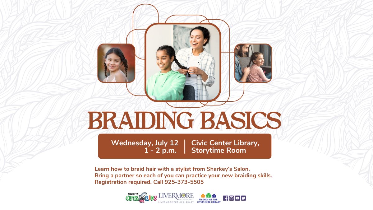 LivLibrary's tweet image. #AllAges #LearnToBraid with a hair stylist from #SharkeysSalonLivermore. Bring a partner so each of you can practice your new #braidingskills. Call 925-373-5505 to register for #BraidingBasics.
7/12/23, 1pm
#CivicCenterLibrary
1188 S. Livermore Ave.
bit.ly/LPL-SummerRead…