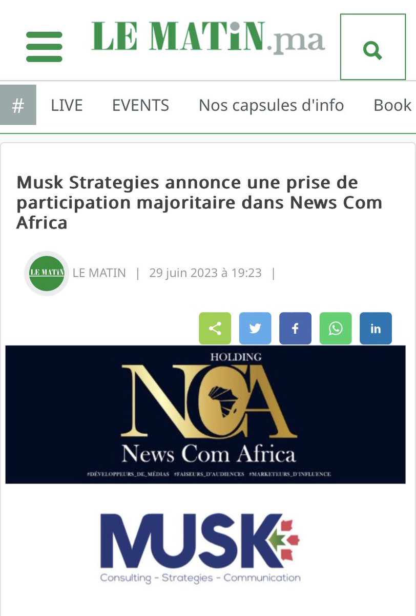 Musk Strategies opère une prise de participation dans <a href="/newscomafrica/">NCA Holding</a> 

<a href="/OmarDahbi/">Omar Dahbi</a> <a href="/bahiabenkhar/">bahia benkhar</a> 

#nationbranding #africa #communication #africans #influence, #Bbranding, #marketing #Évènementiel #Production_Contenu #Consulting #développement #médias #digital