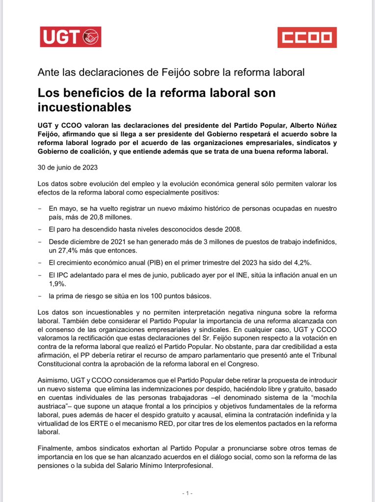 ➡️ Os dejo la respuesta conjunta de UGT y CCOO a las declaraciones de Núñez Feijoo diciendo que, si gana, no va a derrogar la reforma laboral pactada por los agentes sociales y que tan buenos resultados está dando para la estabilidad y creación de empleo.

ugt.es/los-beneficios…