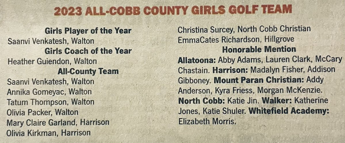 LadyHoyaGolf's tweet image. Congrats to Olivia &amp;amp; Mary Claire for making the 2023 All-Cobb County team along with Maddie &amp;amp; Addi for Honorable Mention! @HHSHoyaSports @hoyanationsb @studentgolfGA @CCSD_AD  #proudcoach @mdjonline #practicemakesprogress