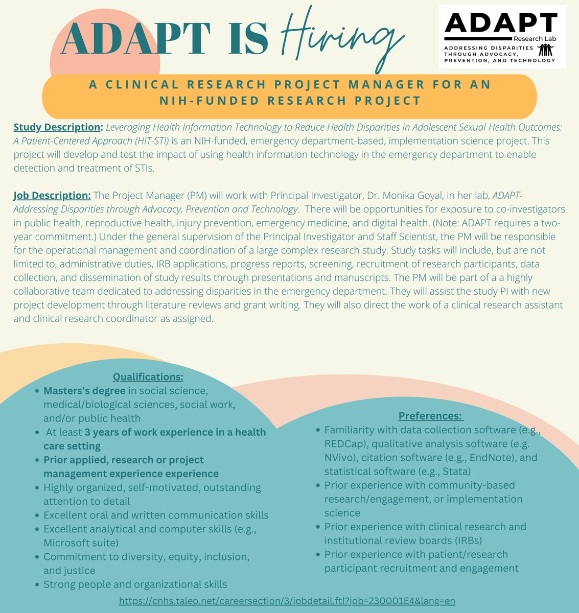 Interested in Improving Adolescent Health? We are Hiring! The ADAPT Lab at Children's National is looking to hire a Clinical Research Project Manager. Details about the position are below. Please apply via the link if interested! #adaptlab #clinicalresearch #adolescenthealth