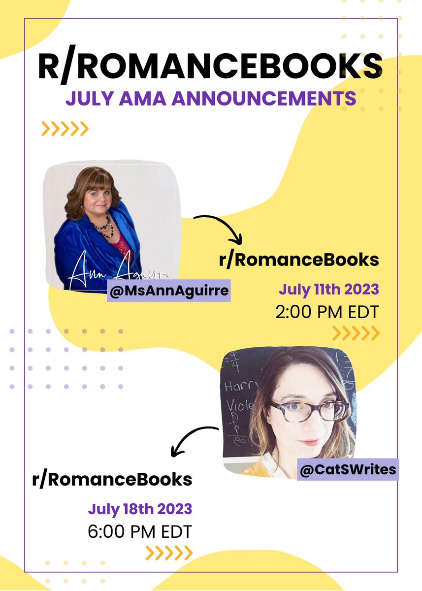 The July AMAs are here! We're so excited to have @MsAnnAguirre and @CatSWrites join us this month on r/RomanceBooks! ✨ Follow our AMA collection here for reminders and event alerts! reddit.com/r/RomanceBooks…