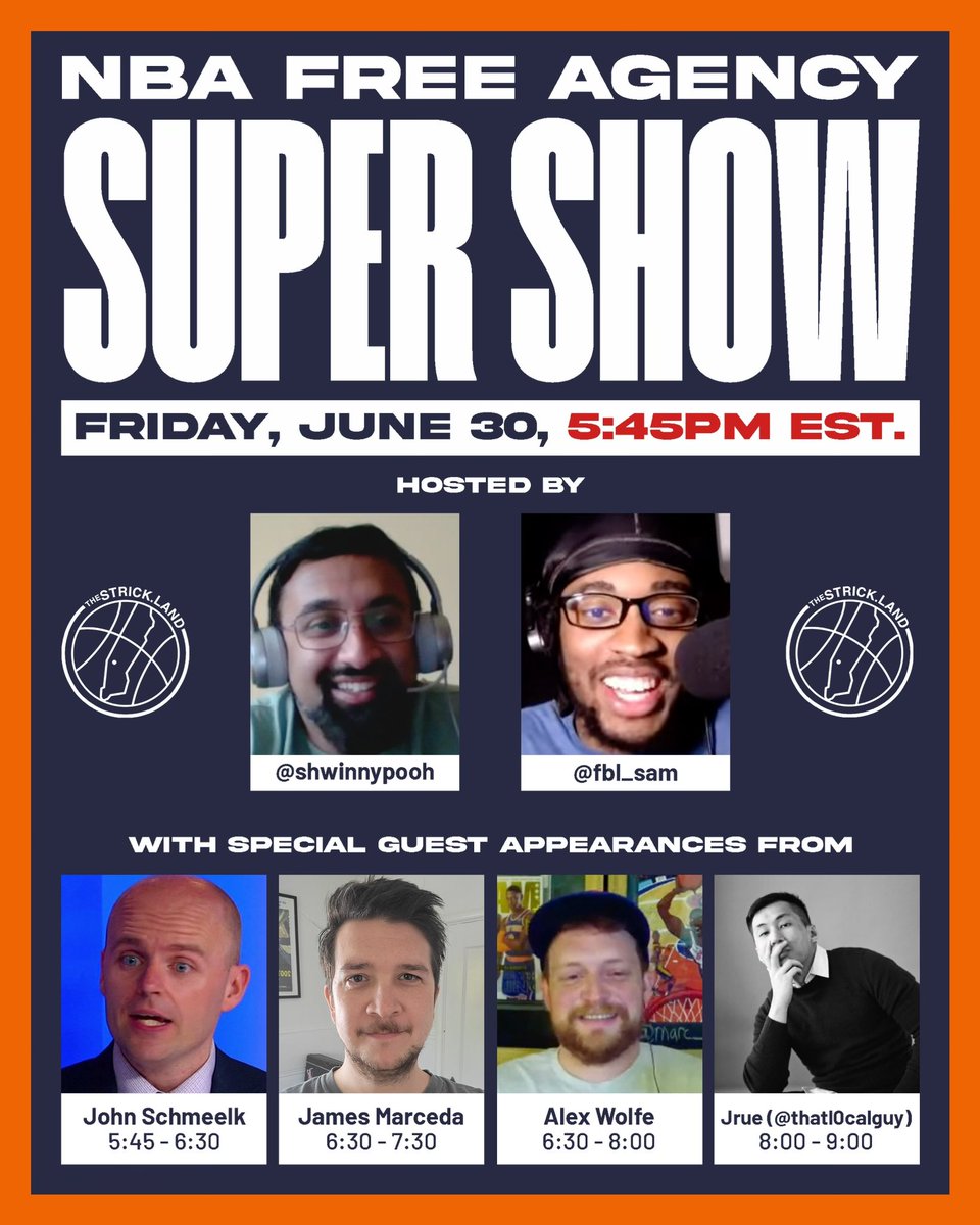The Strickland (@thestrickland) on Twitter photo 🚨TONIGHT AT 5:45🚨
<a href="/shwinnypooh/">ShwinnyPooh, Hukporti island resident</a> and <a href="/fbl_sam/">sam 🫥</a> host our 2023 NBA Free Agency SUPER SHOW!
With guest appearances from your favorite friends of The 'Land:
- <a href="/Schmeelk/">John Schmeelk</a> at 5:45
- <a href="/theirishmanhehe/">The Irishman. Yup, I'm the Irishman.</a> & <a href="/thealexwolfe/">thealexwolfe</a> at 6:30
- <a href="/thatl0calguy/">J r u e</a> at 8:00 🚨TONIGHT AT 5:45🚨
<a href="/shwinnypooh/">ShwinnyPooh, Hukporti island resident</a> and <a href="/fbl_sam/">sam 🫥</a> host our 2023 NBA Free Agency SUPER SHOW!
With guest appearances from your favorite friends of The 'Land:
- <a href="/Schmeelk/">John Schmeelk</a> at 5:45
- <a href="/theirishmanhehe/">The Irishman. Yup, I'm the Irishman.</a> & <a href="/thealexwolfe/">thealexwolfe</a> at 6:30
- <a href="/thatl0calguy/">J r u e</a> at 8:00