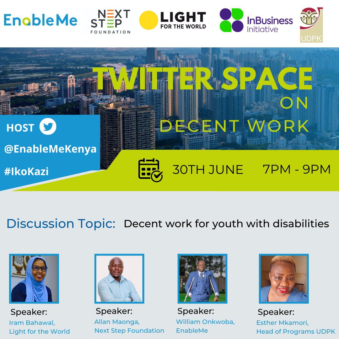 FaithMasengo's tweet photo. Employers in the public &amp; private sector are required legally to allocate 5% of their workforce to persons with #disabilities. Join us at 7pm as we discuss how we can make this a reality 
#IkoKazi https://t.co/wG19An79zu