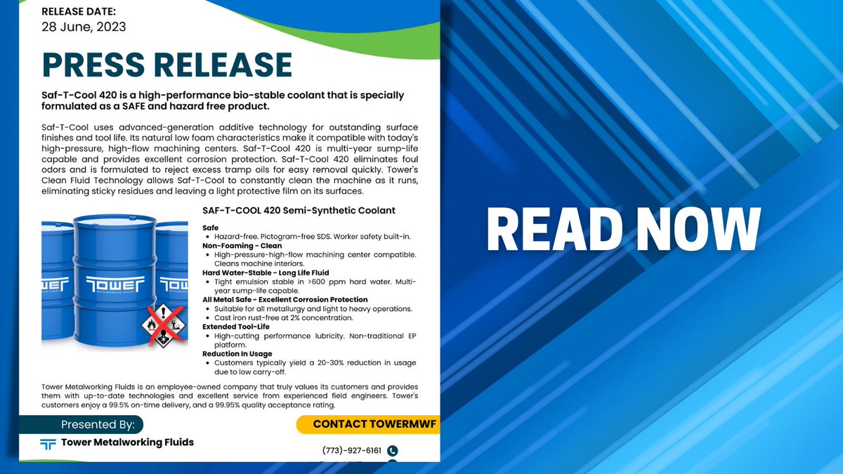 TowerMWF's tweet photo. Read our SAF-T-COOL 420 Press Release, now available on our website under Latest News!
Read Today: https://t.co/e92Q4rnV1T
#coolant #TowerMWF #TowerMetalworkingFluids #healthandsafetyfirst #coolants #technologynews https://t.co/ORzMVJSWJd