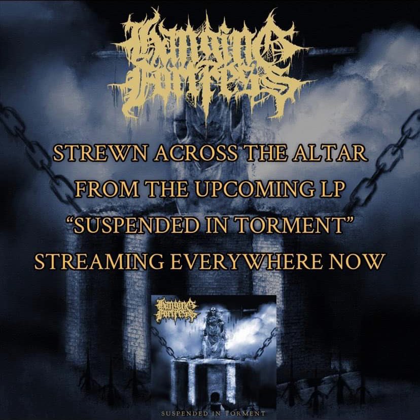 hangingfortress's tweet image. Two years in the making, we present you our second LP, SUSPENDED IN TORMENT. 
You can find our first single titled STREWN ACROSS THE ALTAR on all platforms. Let us know what you think.

Artwork by @drtrevago
Recorded, mixed, and mastered by Patrick Shekut of Underhill Recordings