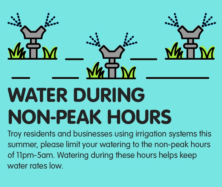 With now in full swing, we kindly ask residents using irrigation systems, please limit watering to non-peak hours of 11 PM - 5 AM. 

This effort to water during non-peak hours will help keep usage down which will allow us to avoid an increase in water rates.