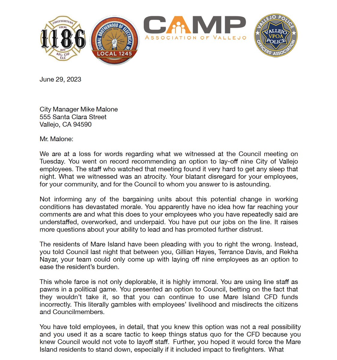 VallejoFire's tweet photo. City of Vallejo employees unite to stand up for our community!
On Tuesday, June 27, City Manager Mike Malone and his leadership team made an ill-conceived presentation that provided City Council with the option of terminating 9 Vallejo employees.
#Vallejo #VallejoCA https://t.co/4graBwHAXz
