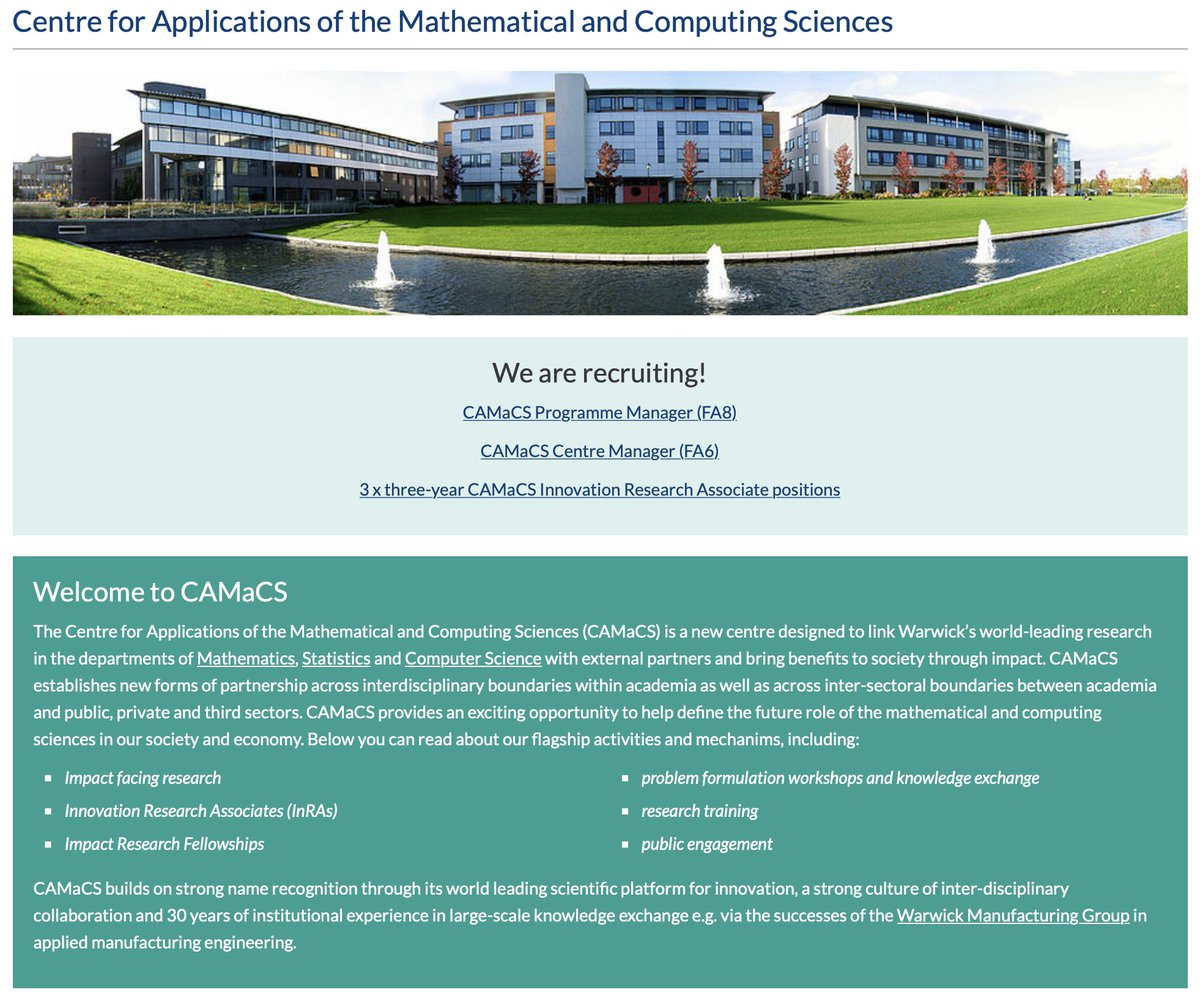 1/ 📢JOB ADVERTS 📢 The new Centre for Applications of the Mathematical and Computing Sciences (CAMaCS) @uniofwarwick is recruiting! Roles available: ▶️Centre manager ▶️Programme manager ▶️3 innovation research associates More details in thread. #AcademicTwitter #Hiring