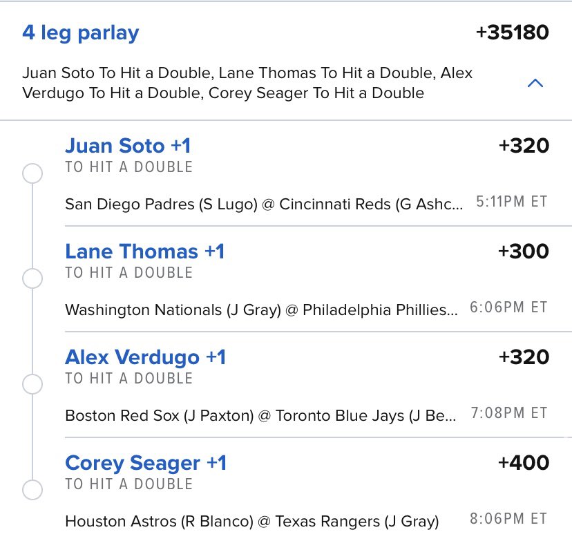 🚨DBLs Parlay🚨

+35180 Odds

If this hits I’ll give out $100 to 3 random people who Like or RT this!!

Must be following in order to qualify🫡

Let’s have a great Friday!

#GamblingTwitter #MLB