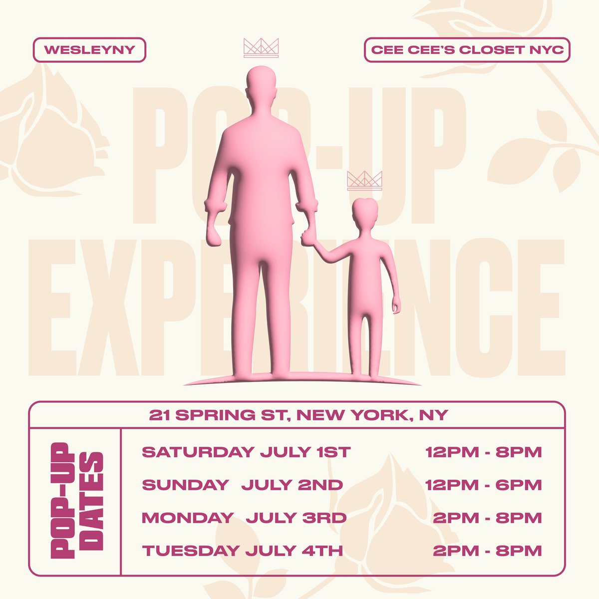 We are excited to partner up with the beautiful Cee cee’ closet NYC to present you a pop up experience like no other. From July 1st-4th we will be in the soho store front on 21 spring street. Come shop all the exclusive drops we have to offer and complementary drinks