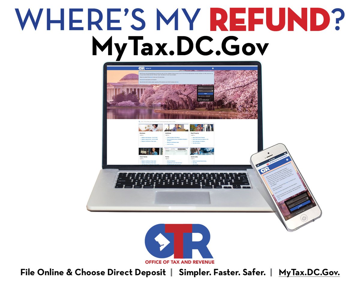 Looking for your DC refund?
Taxpayers can check the status of their refund on OTR’s tax portal, MyTax.DC.gov, by using the "Where’s My Refund” link on the homepage. This feature is available 24/7 and will provide an update on refund statuses.
#dctaxes #mytaxdc #otr