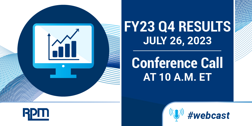 $RPM to release FY23 Q4 and year-end results on July 26, 2023 and host a conference call at 10 a.m. ET that day. The call will be #webcast. Learn more: rpminc.com/news/news-rele…