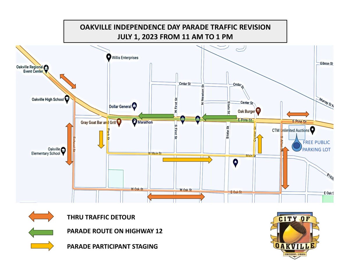 ghscanner's tweet photo. A portion of Hwy 12 in Oakville will be closed from 11 AM to 1 PM for the Independence Day Parade. It will be closed from S. Allen St. to School St. (see map). A detour route will be in place, please use alternate routes and plan for delays. #WSDOT #WSP #GHSCANNER https://t.co/XMxRIOPAHA