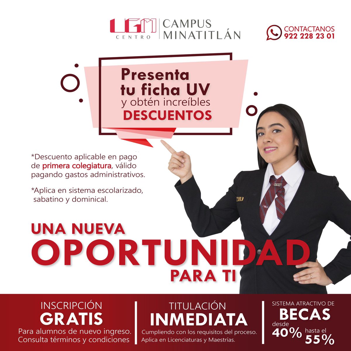 UgmMinainfo's tweet photo. 🚨PROMOCIÓN UV🚨

Presenta tu ficha de examen y obtén tu descuento en tu primera  colegiatura 🐬

☎️ WhatsApp: 922 228 23 01

📍Uruguay 64 entre Calle París y Roma, Nueva Mina. CP. 96760 Minatitlán Veracruz

#UGMMinatitlan #InscripcionesAbiertas
#ListosParaElFuturo https://t.co/0dXt6IzxSQ