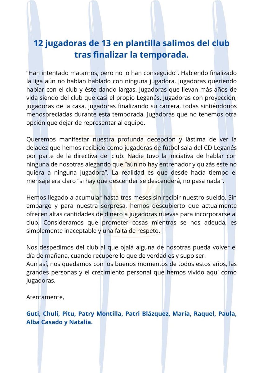 caarmen_nr's tweet photo. ✍🏼 Carta de las jugadoras del primer equipo del CD Leganés FSF https://t.co/KU78UaeSOL