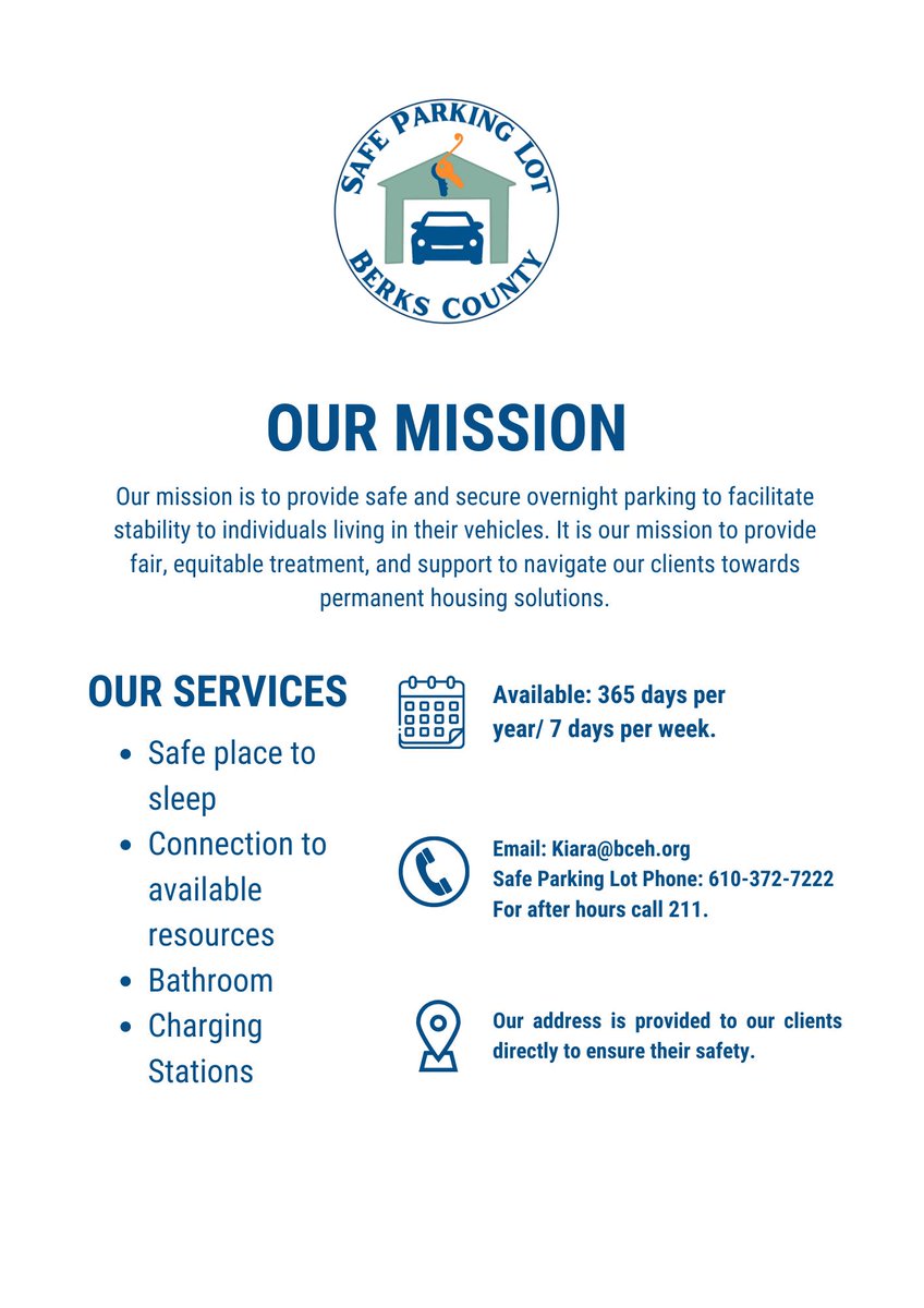 PA211East's tweet photo. #BerksCoalitiontoEndHomelessnessInc  has opened the first Safe Parking Lot in Berks County! For details read and share the flyer below: https://t.co/Y4odkuCYtg