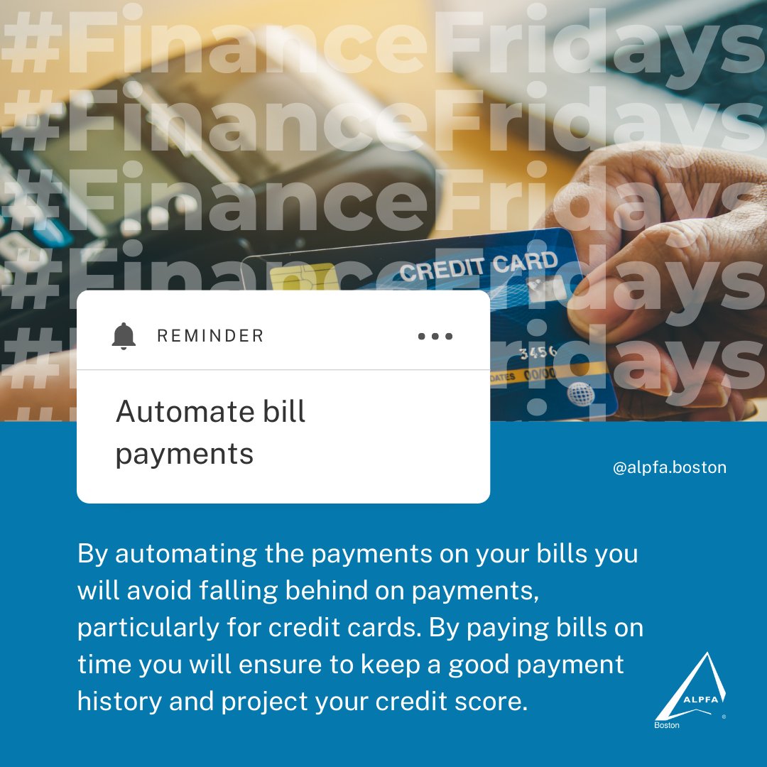 You will avoid falling behind on payments by automating the payments on your bills. Set up an auto-pay for all your credit cards, even if it's just for the minimum payment due. Paying bills on time will ensure a good payment history and credit score! #FinanceFriday