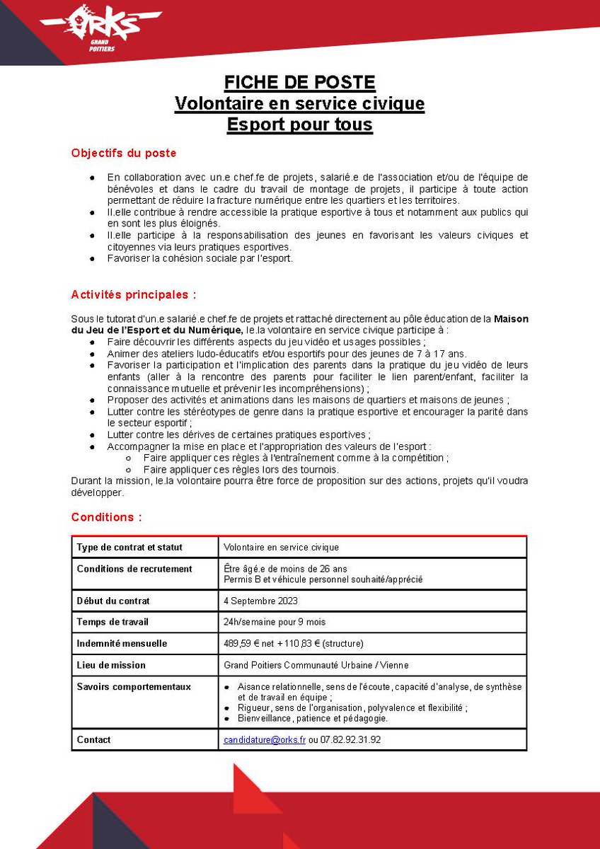 [Services civiques //Esport]
📢Notre partenaire, l'association les OrKs Grand Poitiers recherche deux services civiques pour la rentrée prochaine dont les horaires peuvent être compatibles avec vos études. 
👉 si vous êtes interessé ➡️ candidature@orks.fr