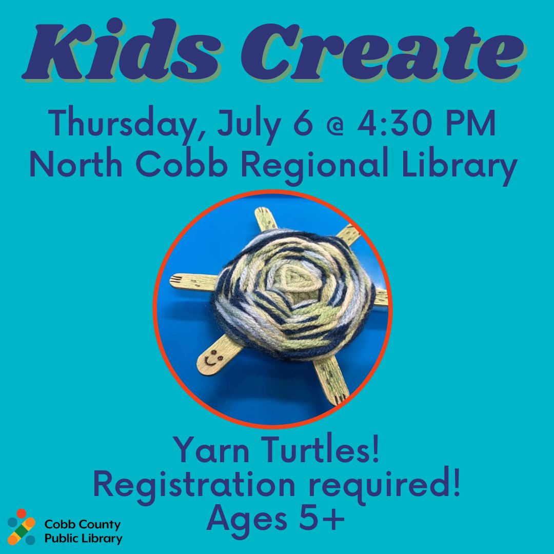 cobblibrary's tweet photo. Join us for weekly activities for school-aged children including art, crafts, STEM, & storytimes at North Cobb Regional Library! On Thursday, July 6 , we will be creating yarn turtles! 🐢🐢 Register at https://t.co/9lRZeD8TUL
.
#NorthCobbLibrary | Thu, July 6 | 4:30 pm | ages 5+ https://t.co/VICvisuNwy
