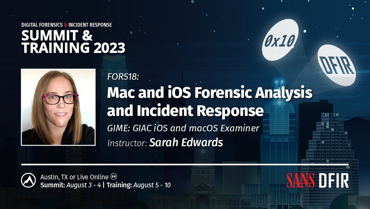 SANS DFIR (@sansforensics) on Twitter photo Take #FOR518: Mac and iOS Forensic Analysis and Incident Response with <a href="/iamevltwin/">Sarah Edwards 👩🏻💻🐈⬛</a> at the #DFIRSummit
August 5th-10th
The course teaches in-depth detailed analysis and how to get the most out of Mac and iOS cases.
Register at sans.org/u/1pkc Take #FOR518: Mac and iOS Forensic Analysis and Incident Response with <a href="/iamevltwin/">Sarah Edwards 👩🏻💻🐈⬛</a> at the #DFIRSummit
August 5th-10th
The course teaches in-depth detailed analysis and how to get the most out of Mac and iOS cases.
Register at sans.org/u/1pkc