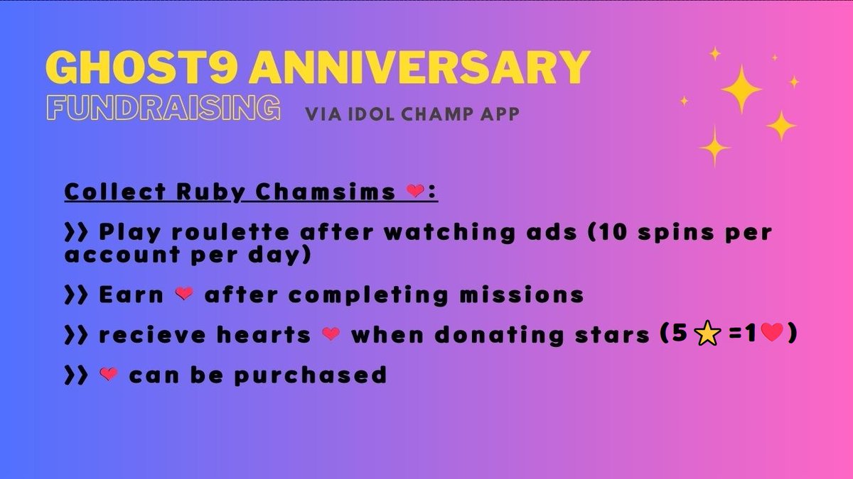 GHOSTIES👻❕

For GHOST9'S 3RD DEBUT ANNIVERSARY
A Fundraising has started via Idol Champ App!

Earn tons of Ruby Chamsims, Donate on the Fundraisng & Complete Mission to 100% to achieve a Media Ad for GHOST9✨

Let's Go Ghosties, Fighting!

#GHOST9 #고스트나인 
#GHOSTIES #고스티