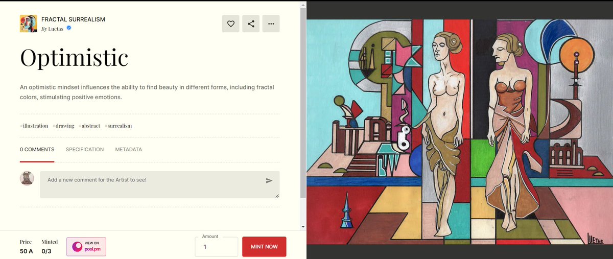 Optimistic
An optimistic mindset influences the ability to find beauty in different forms, including fractal colors, stimulating positive emotions.

#Handmadeartwork I Open Edition (OE)
Minted in <a href="/KreatePlatform/">Kreate - Web3 Art Community ❤️‍🔥</a> 

Mint Now 50 Adas
kreate.community/artwork/649efc…

#fractalsurrealism