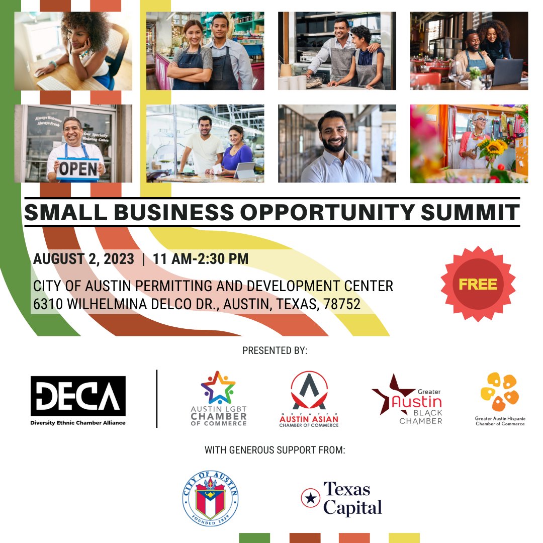 Austin is a beautiful blend of diversity, and our small business landscape is no different! Join us 8/2 and
plug your company into the local business ecosystem.
Free RSVP: bit.ly/deca-small-bus…
<a href="/austinlgbtbiz/">Austin LGBT Chamber</a> <a href="/GAACCAustin/">Greater Austin Asian Chamber of Commerce</a> <a href="/ATXBlackChamber/">Austin Black Chamber</a> <a href="/GAHCC/">GAHCC</a> <a href="/AustinEconDev/">Austin Economic Development</a> @TXCapitalBank