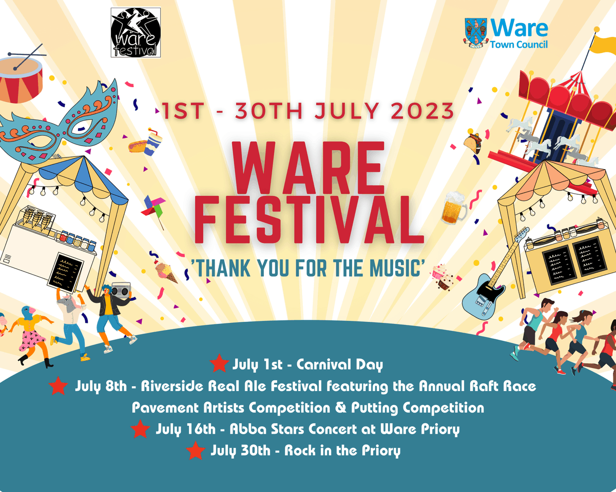 Are you ready for Ware Festival? Kicking off tomorrow (Saturday 1st July), don't miss out on all the activities happening around our town! 🎪🎶See here for the full programme of events this weekend and throughout July. waretowncouncil.gov.uk/whats-on/ware-…