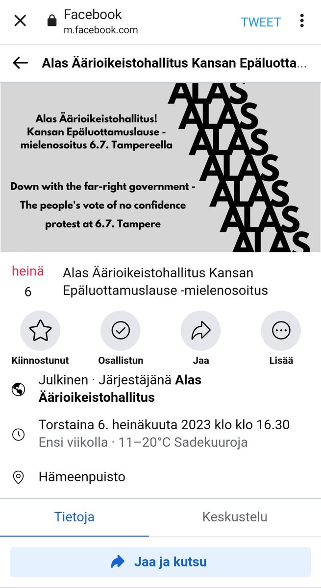 Torstaina 6.7.2023. mielenosoitus äärioikeistolaista hallitusta vastaan Tampereella. Nähdäänhän sitten siellä? ♥️ m.facebook.com/events/2176961…