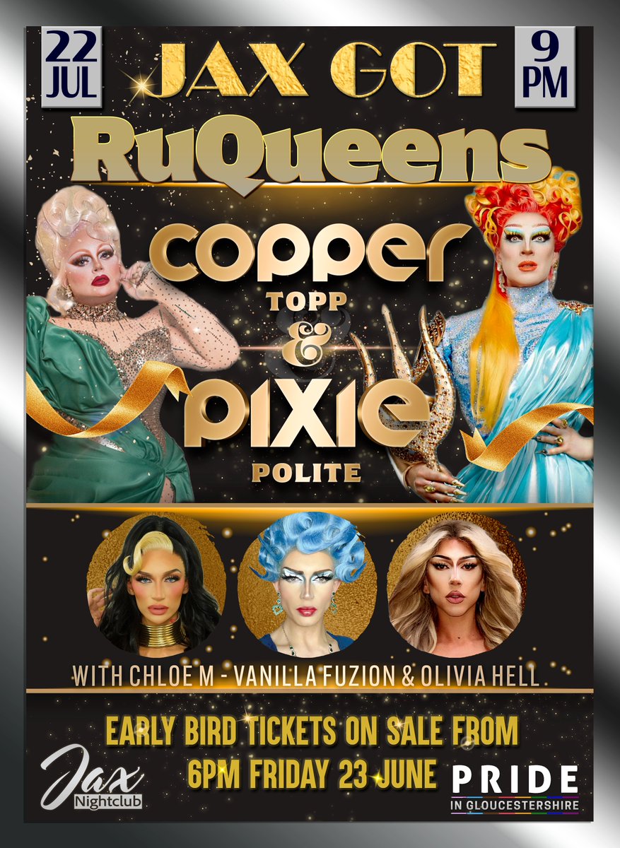 JaxClubGL1's tweet photo. 🌟 Get ready for a night of fierce performances and fabulous fun! Don't miss out on "Jax got RuQueens"! ✨ Limited tickets available! 🎟️🔗in bio! Secure your spot now! @CopperToppQueen @PolitePixie
#JaxGotRuQueens #DragExtravaganza  #GetYourTickets #DontMissOut #jax #gloucester https://t.co/Ey7rZUJEfV