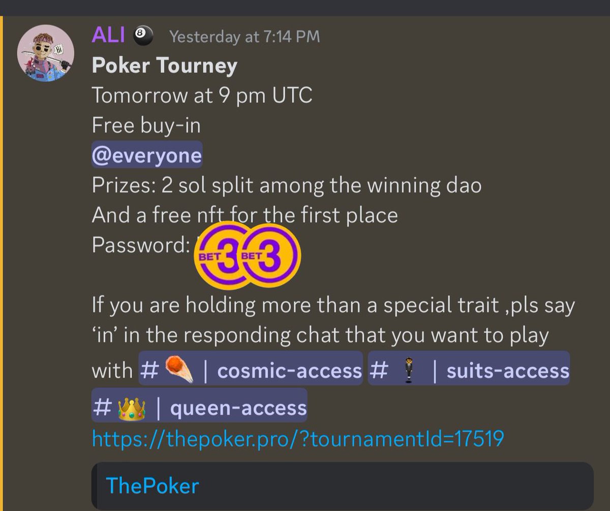 New Friday,new poker tourney for the alpha traits 🎲❤️

Check discord for the password 🔒
2 sol for the winning trait