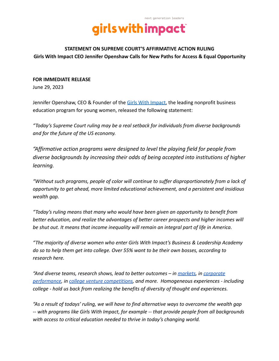 jopenshaw's tweet image. My reflections on the Supreme Court&apos;s decision. 

Let’s continue to support future opportunities for diversity &amp;amp; inclusivity in our communities. Link to full statement: tinyurl.com/2e7hmart

#AffirmativeAction #SupremeCourt #PressRelease #EqualOpportunity #women #news #DEI