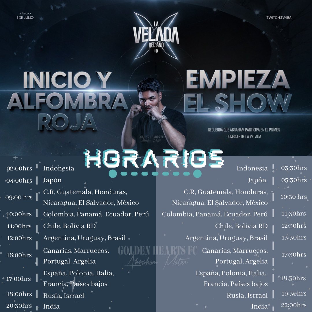 GoldenHeartsFC's tweet photo. ¿Listxs para ver la primer pelea de Abraham? 💥
Acá te dejamos los horarios de sus respectivos países para que puedan disfrutar de este increíble evento ✨
Recuerda que puedes ver el evento a partir de las 17:00hrs España 💛
Link: https://t.co/m2Smv1sqeU
@AbrahamMateo https://t.co/egS96bItrL