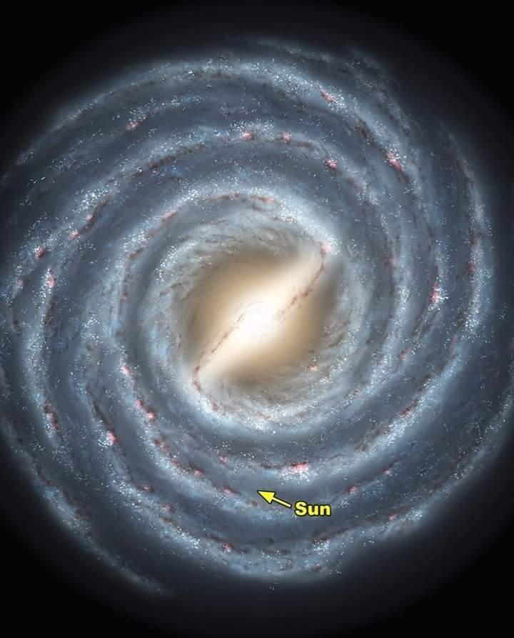 This is the approximate location of the Sun in the Milky Way. The distance from us to the galactic center is 26,000 light years, where a supermassive black hole known as "Sagittarius A*" is located.