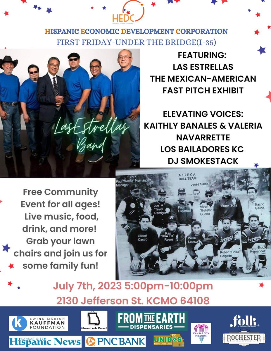 Hey KC fam!
We are hosting First Friday Under the Bridge event: 
July 7th from 5 pm - 10 pm @ 2130 Jefferson St KCMO 64108 

Programming includes:
Las Estrellas
The Mexican-American Fast Pitch Exhibit
&amp; More

Come on down with your lawn chairs and coolers!
fb.me/e/1mwWNlCDY