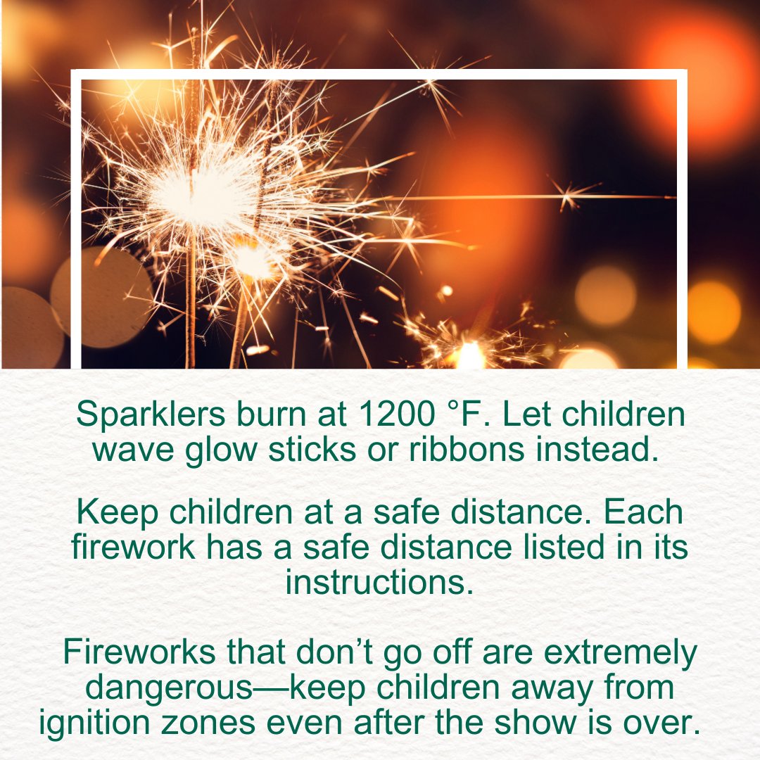 DHChildrens's tweet photo. Fireworks and sparklers can bring a smile to the faces of children and adults alike! It's important to prioritize safety when they are in use, especially in the company of children. Plan ahead as you celebrate, and learn more at https://t.co/9ImQxpwlxO.
#Safety #fireworks https://t.co/AWqDYG8atz