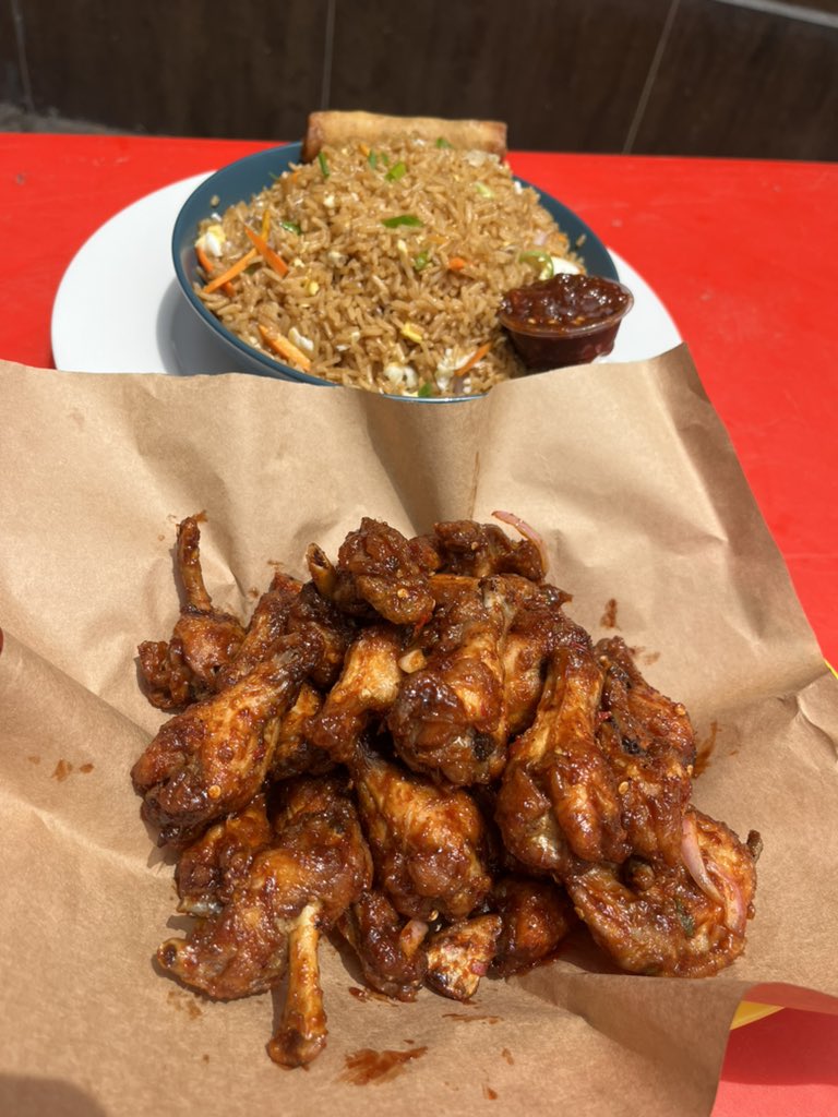 From now until close (6pm) 

Get our fried rice with 8 wings

40gh 

comes with our special bbq black pepper sauce.