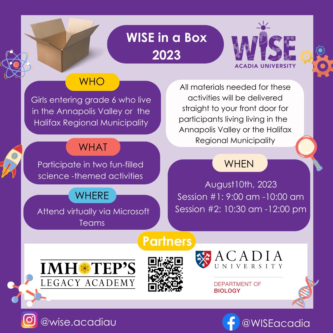 WISE in a Box registration is open! #WISEAcadia is having a virtual program on Aug 10 from 9-12 for girls entering grade 6, who live in the Annapolis Valley or HRM, for $5.00. Materials needed for the two science experiences will be delivered. Register: eventbrite.ca/e/wise-in-a-bo…