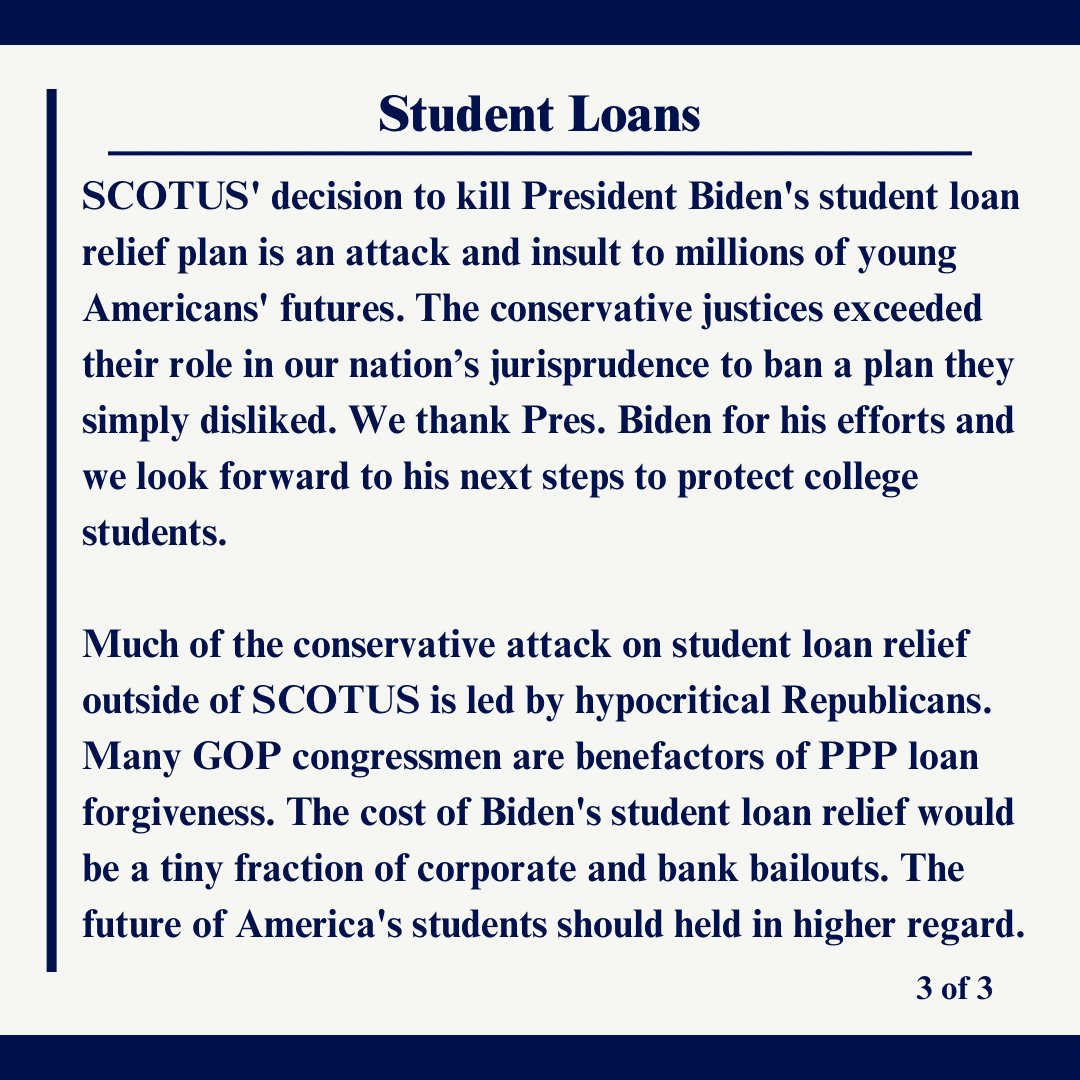 TNCollegeDems's tweet photo. From the desk of Walker Kinsler, TNCD president:

 Statement regarding #SCOTUS' ban on #Affirmative Action and Biden's #StudentLoanForgiveness plan 👇 https://t.co/9R6jDEao4X