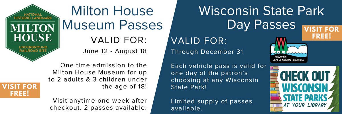 😎Here is your reminder that you can check out @MiltonHouseWI passes and WI state park day passes for #free with your MPL library card! Explore the state and our community this #summer! Stop in today!

#CheckOutMPL #Library #ExperienceMPL #museum #statepark #Wisconsin