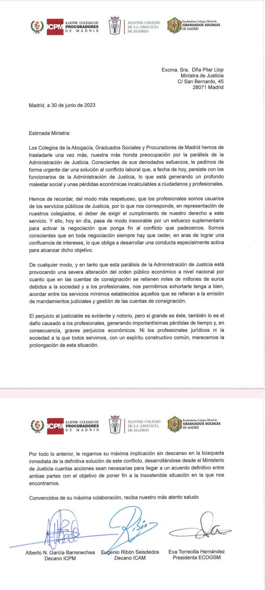 🔴 Los Colegios de la Abogacía, Graduados Sociales y Procuradores de Madrid urgen a la ministra a dar una solución al conflicto de Justicia y muestran su preocupación por la parálisis de la Administración de Justicia 

#huelgaenjusticia
#HuelgaJusticia
