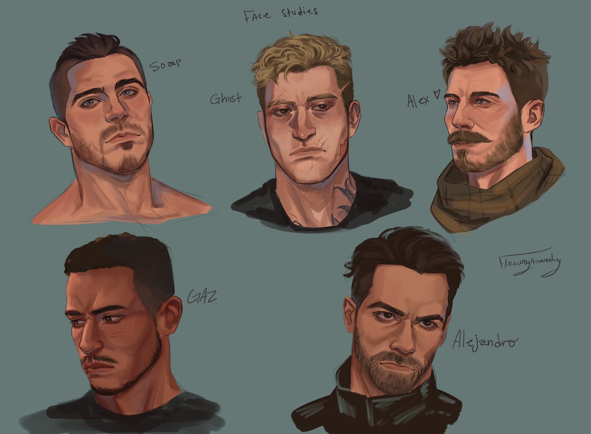 Here’s some face studies I did. I wanted to experiment with my art style a bit.
(The way I draw Ghost is so inconsistent) 
#mw2fanart #SoapMacTavish #SimonGhostRiley #AlexKeller #KyleGazGarrick #AlejandroVargas